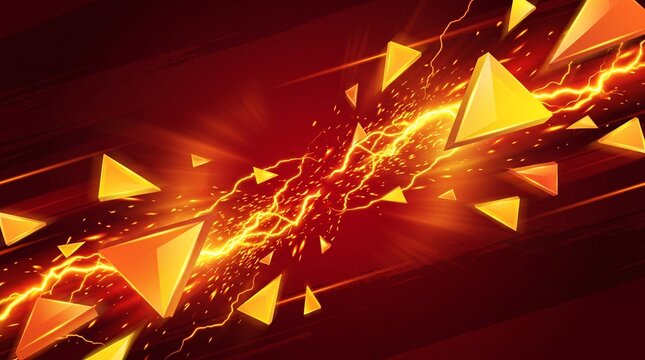 Abstract background featuring glowing golden triangular shapes and dynamic light streaks on a dark red backdrop