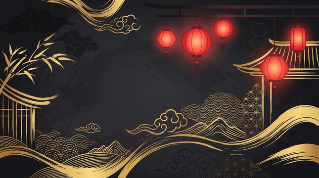 Elegant traditional chinese landscape background with golden line art architecture and glowing red paper lanterns at night