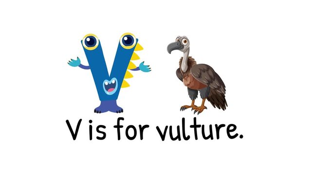 Animated letter V monster and vulture clip for alphabet learning and educational content.