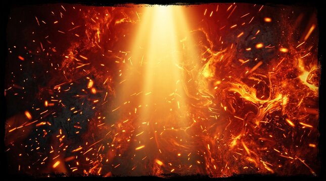 Abstract background featuring bright golden light rays surrounded by swirling fire particles and glowing red embers