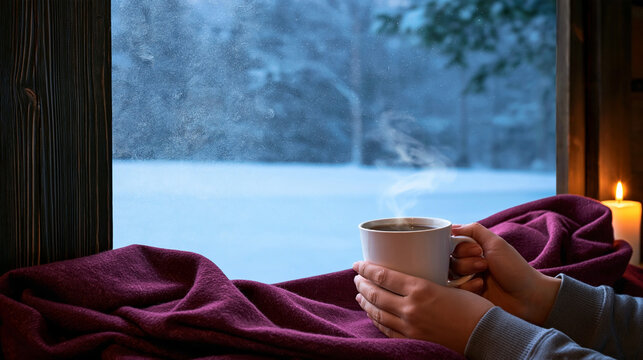 Person holding warm coffee mug while wrapped in burgundy blanket beside glowing candle, gazing through frosted window at snowy woodland landscape during winter
