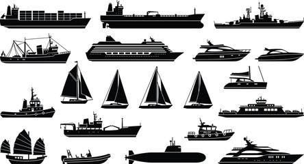 Ship and boat silhouette vector icon set featuring cargo container vessels cruise liners sailboats yachts tugboats and submarines © Utpal