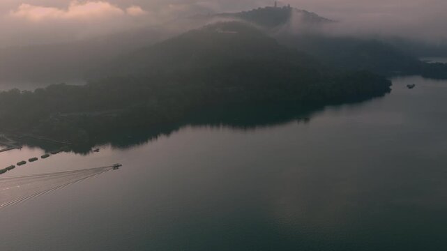 Aerial view Landscape of Sun Moon Lake at sunrise in Taiwan.