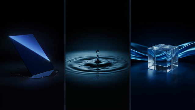 Three dark blue panels featuring a geometric prism, a water ripple, and a glass cube