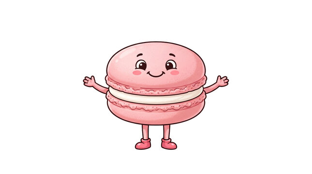 A cute, smiling pink macaron character with open arms. This friendly mascot is perfect for bakery branding, dessert advertisements, children party designs, and food stickers.