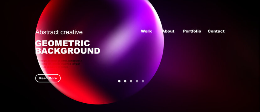 Vibrant abstract shapes dominate dark background. Website navigation visible, including work, about, portfolio, contact options.