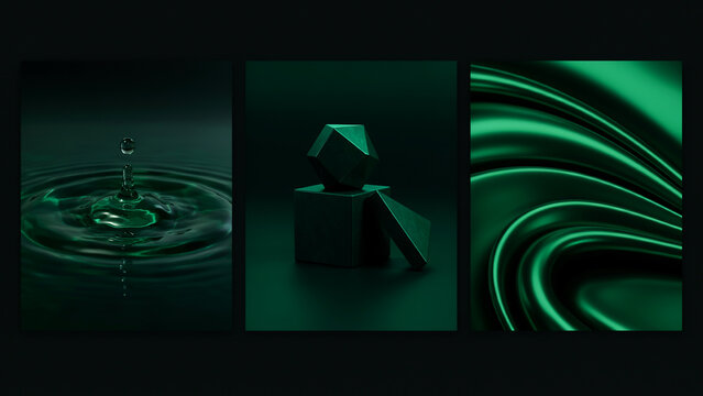 Three dark green panels with water ripples, geometric shapes, and flowing silk fabric waves