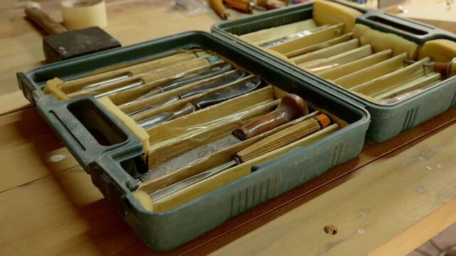 Open tool case of woodworking chisels on dust-covered workbench with protective plastic partially peeled, with chisel, toolcase, workbench, woodwork detail, showing workshop, handle, foam, plastic