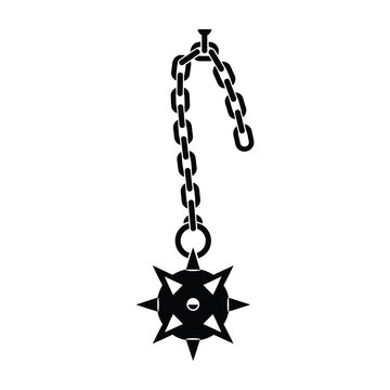 Black flail weapon with spiked ball on chain, medieval combat tool