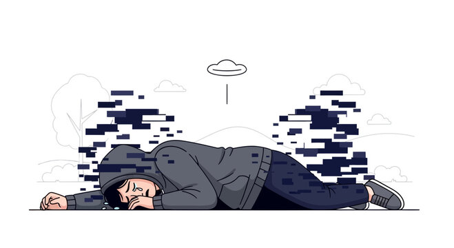 Person in Hoodie Lying Down, Glitching Effect, Alien UFO Above