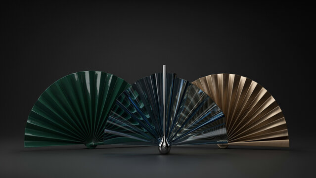 Three decorative folding fans in dark green, blue, and bronze metallic finishes on dark