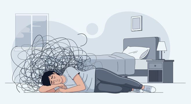 Person sleeping, tangled thoughts, mental distress, bedroom scene, anxiety concept