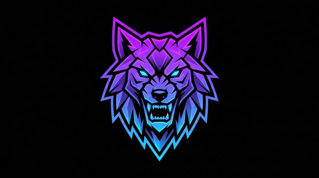 Neon purple blue gradient wolf head esport gaming mascot logo with glowing outline and angry expression. Flat vector illustration isolated on black background. Perfect for esport team, gaming clan, Tw