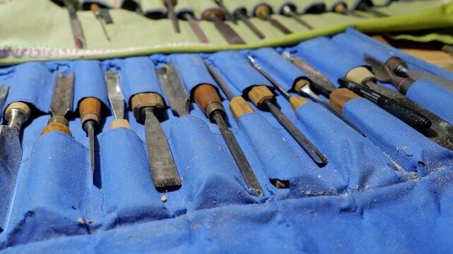 Close-up row of woodworking chisels in worn blue tool roll with tips facing camera under cool directional light, with chisel, tool, woodworking, workshop detail