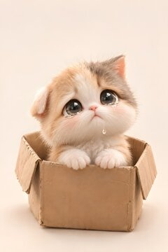 Adorable kitten with big eyes sitting in a small cardboard box