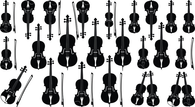 Violin silhouette vector illustration set featuring musical instrument shapes stringed cellos fiddles and bows for classical orchestra concert design elements