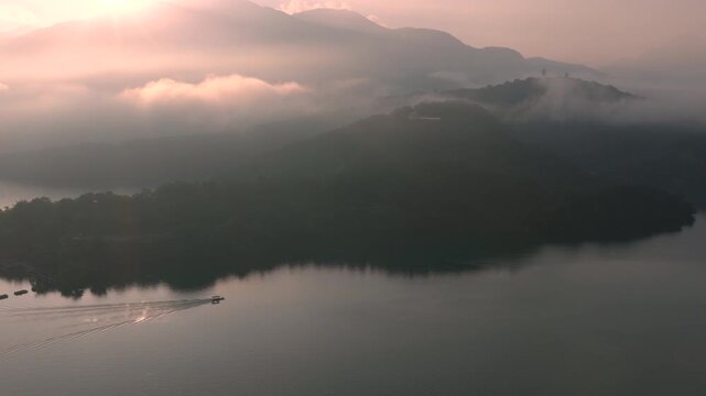 Aerial view Landscape of Sun Moon Lake at sunrise in Taiwan.