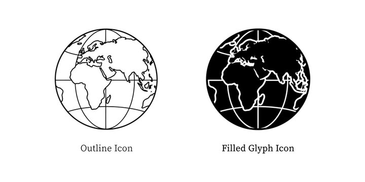 Global map earth icons in outline and filled glyph style for international business and travel communication.