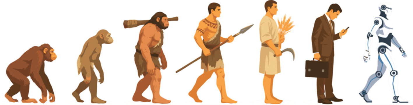 Human evolution timeline concept vector graphic from ape to caveman businessman and futuristic artificial intelligence robot cybernetic cyborg