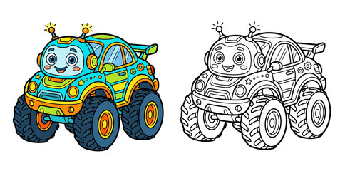Cute robot monster truck, cartoon vehicle character illustration with a matching black and white coloring page line art for kids. © SHOHAG