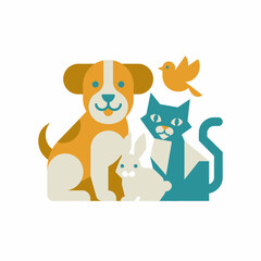 Fototapeta premium Cute domestic pets with dog cat rabbit bird.