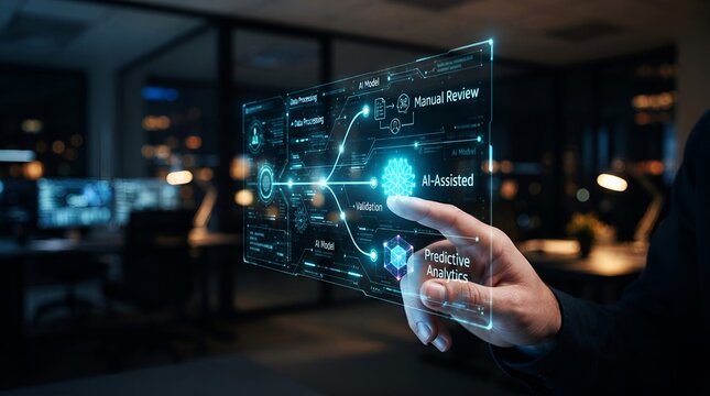 Futuristic finger interacts with bright glowing artificial intelligence interface displaying complex data processing, validation workflows and predictive analytics software graphs