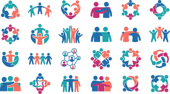Abstract community icons and people logo vector illustration set for team unity charity support networks corporate diversity and social connections