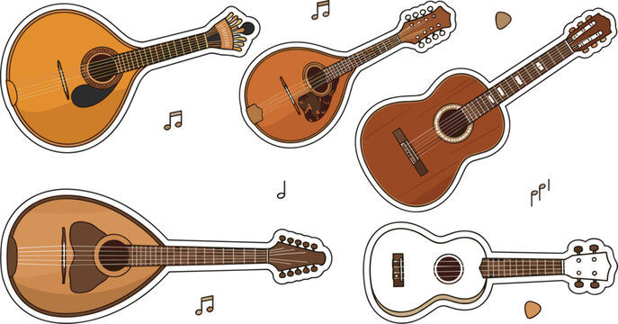 Acoustic string instrument vector sticker set featuring classic guitar mandolin ukulele oud and fado guitar with musical notes