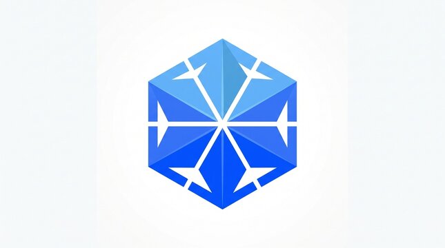 Blue geometric cube emblem with faceted surfaces, representing technology, digital transformation, structure, and innovation