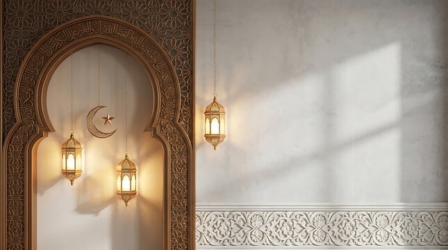Ramadan kareem background with traditional islamic arch glowing fanous lanterns and crescent moon symbol