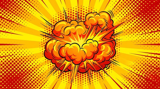 Dynamic comic book style explosion illustration with vibrant yellow and red halftone dot pattern background effect