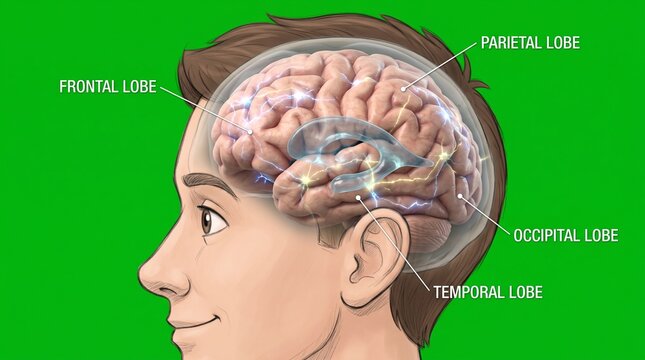 Anatomical diagram of human brain lobes and neuronal networks in profile