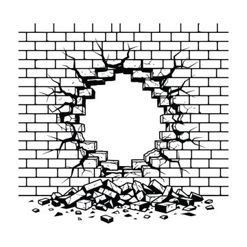 Broken Brick Wall with a Large Hole and Debris Pile Isolated on White Background