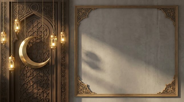 Ramadan background mockup with golden crescent moon lanterns and ornate wooden arabic arch architecture