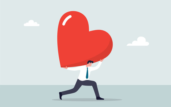 Businessman carrying heavy big red heart of love support