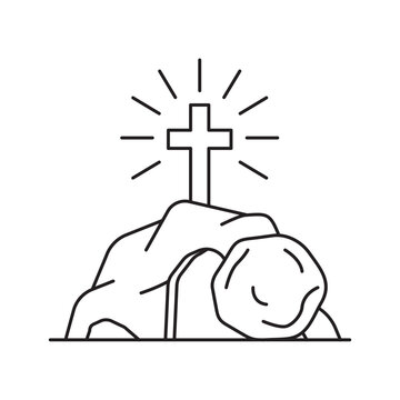 Easter resurrection empty tomb with cross line icon