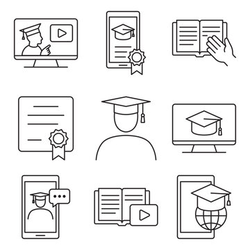 Online education line icons set e-learning graduation concept