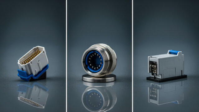 Three different electronic connectors and plugs with gold pins on gray background