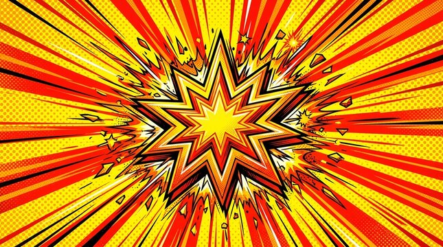 Dynamic comic book style background featuring a central starburst explosion with vibrant yellow and red rays