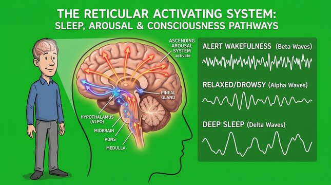 Educational diagram of the reticular activating system and brain wave states