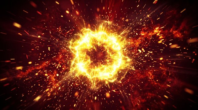 Abstract background featuring a bright glowing fire explosion with golden sparks and dark red smoke particles