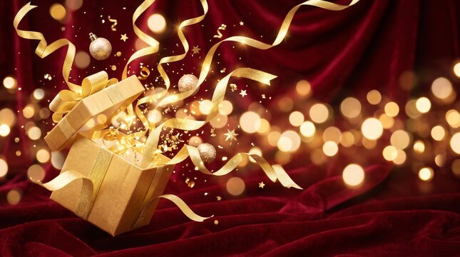 A beautiful golden gift box with flying ribbons and magical glowing lights on a red background