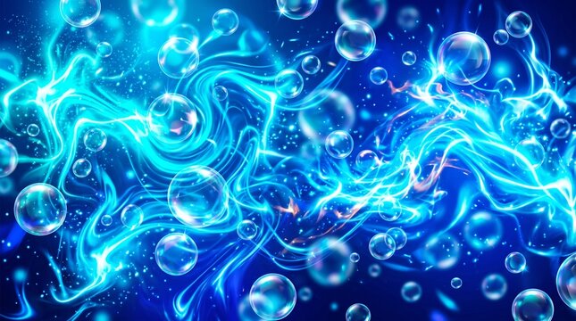 Abstract background featuring glowing blue liquid waves and floating transparent bubbles in a deep dark space