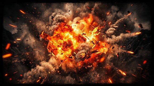 A massive fiery explosion with bright orange flames and thick dark smoke against a black background