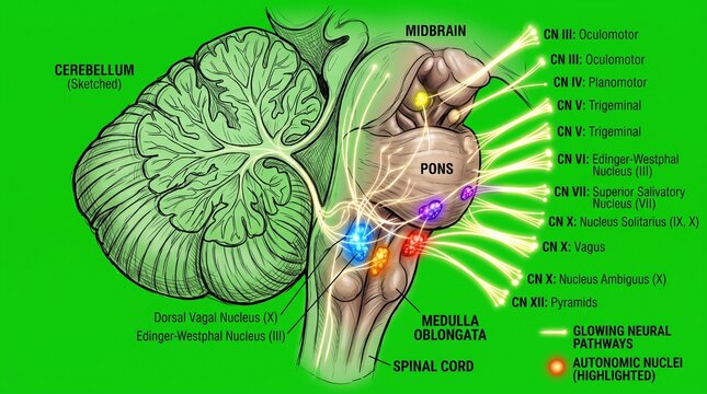 Anatomical diagram of the human brainstem with cranial nerve nuclei