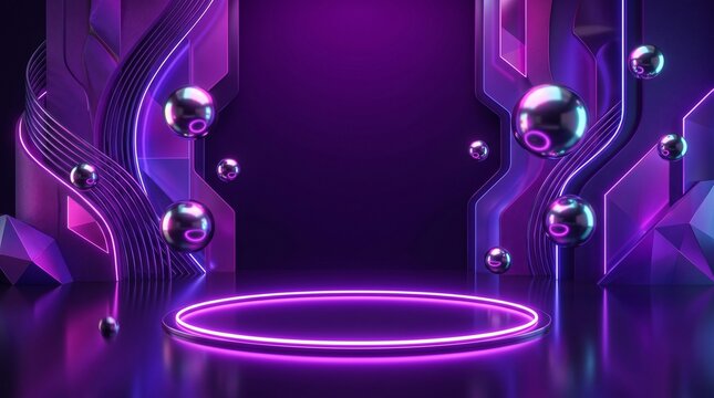 Futuristic purple neon product display stand with metallic spheres and glowing circular light on dark background