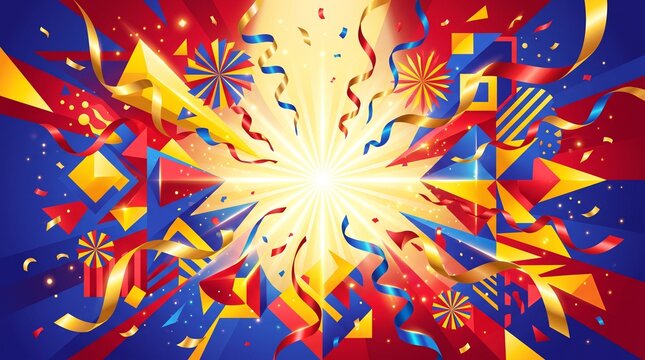 Abstract festive background featuring vibrant colorful geometric shapes confetti and bright light burst for celebration themes