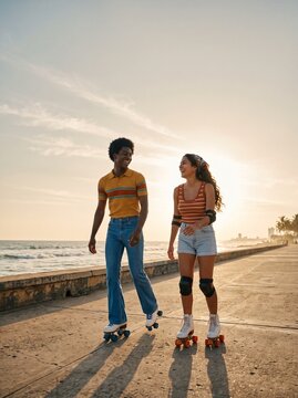 Retro 1970s Friends Roller Skating Along Sunny Seaside Promenade at Golden Hour