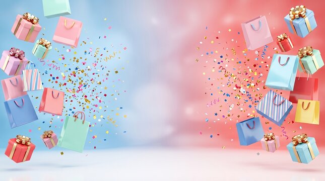 Colorful shopping bags floating in the air against a split blue and pink gradient background design