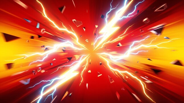 Abstract background featuring a powerful explosion with bright glowing lightning bolts and flying debris particles everywhere